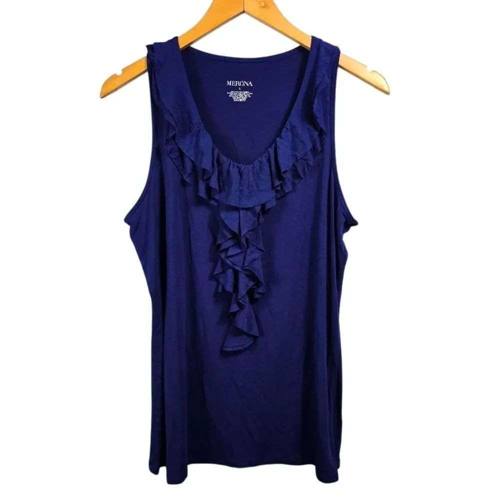 Merona Navy Ruffle-Front Sleeveless Tank Size L
